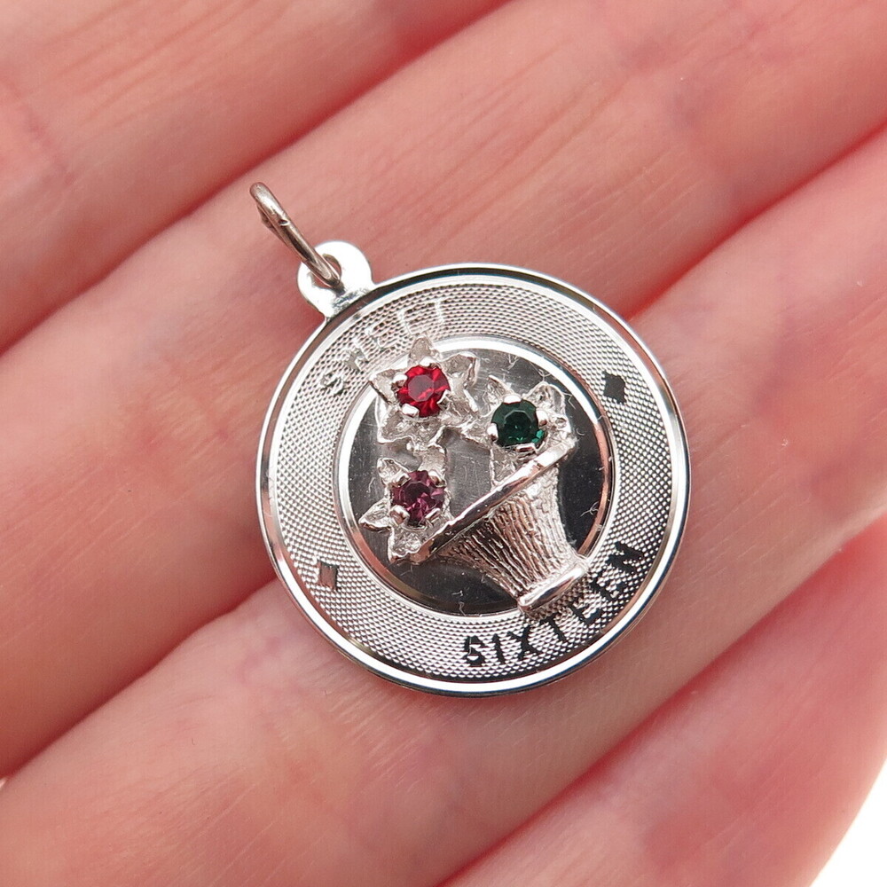 Town & Country 925 Sterling Silver Vintage Rhinestone Sweet 16 Charm Pendant